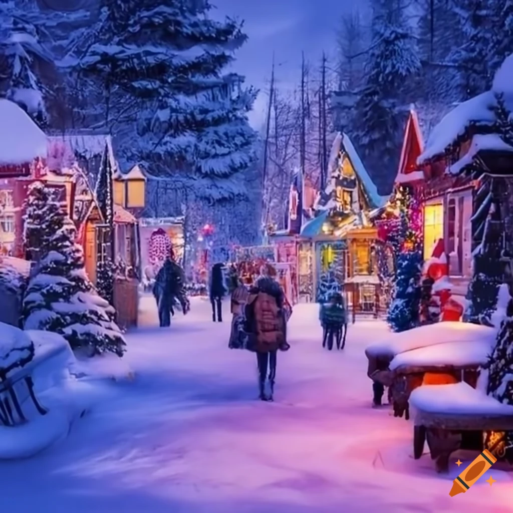 A bustling winter village filled with holiday shoppers