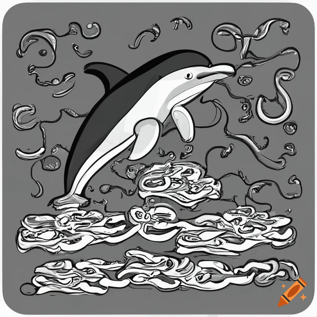 dolphin cartoon black and white