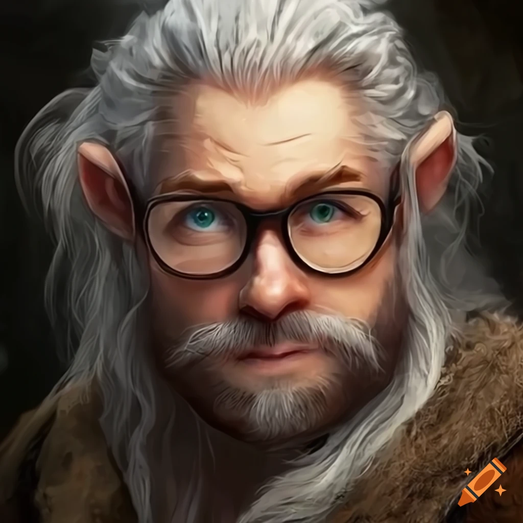 A kind-looking hobbit with white crew hair , white goatee, green eyes ...