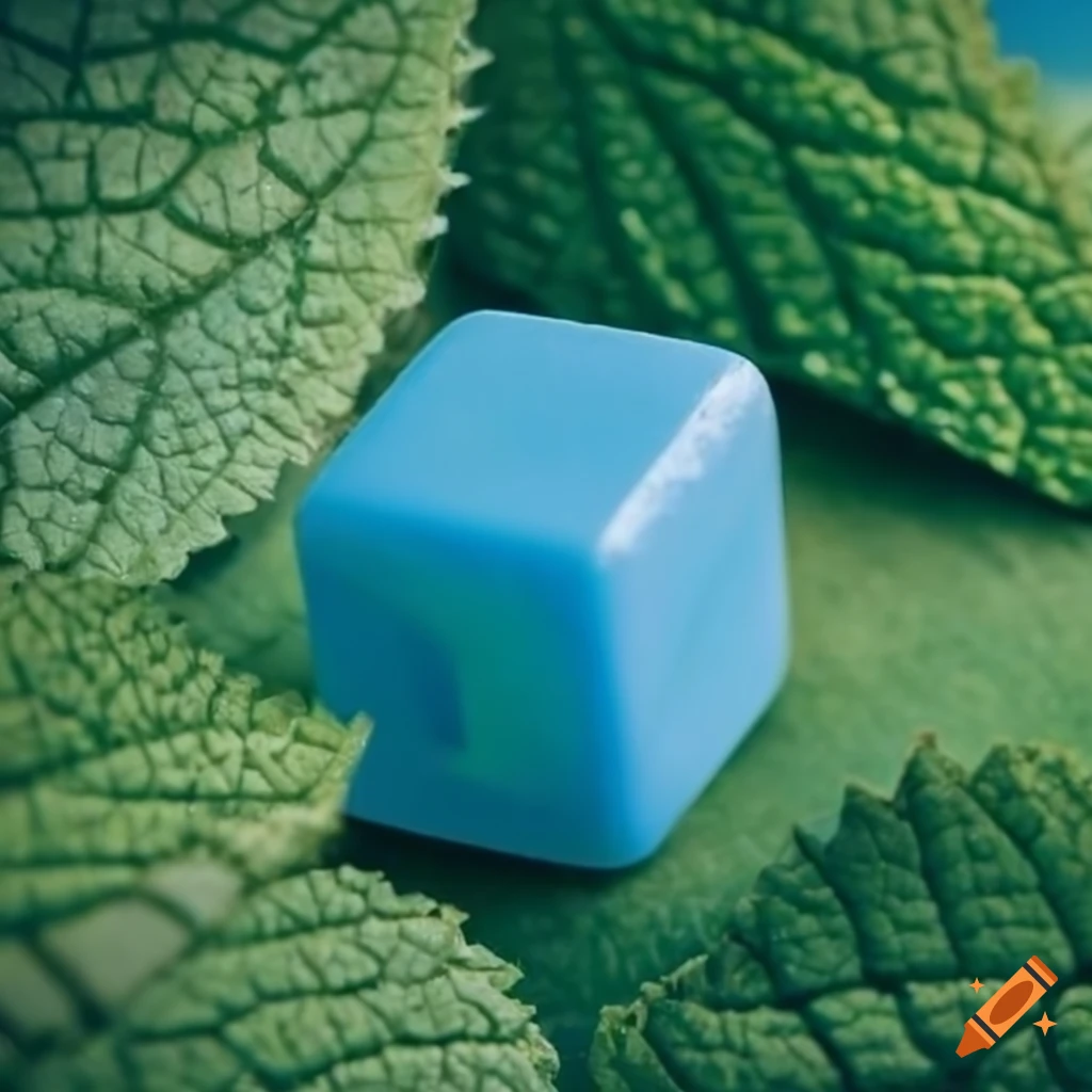 Blue cubes resting on mint leaves