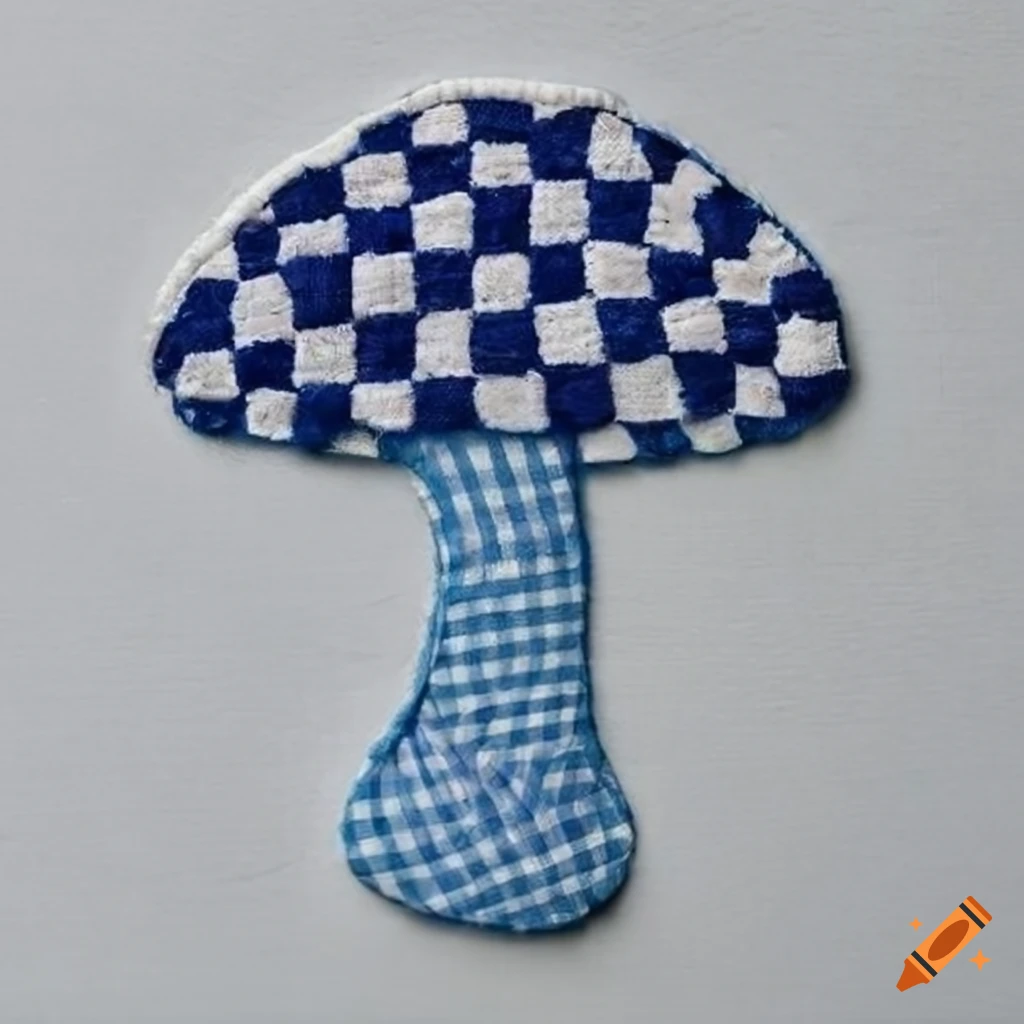 Blue and indigo checkered mushroom applique on white on Craiyon