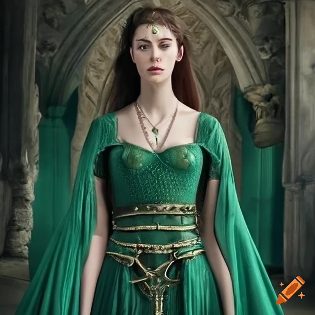 Elaborate game of thrones green medieval fantasy thin summer dress adorned with jewels, belts, and delicate armor pieces on Craiyon Elaborate game of thrones green medieval fantasy thin summer dress adorned with jewels, belts, and delicate armor pieces on Craiyon