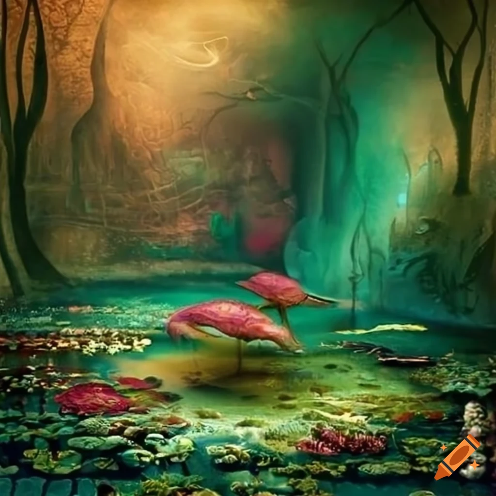 Marais surréaliste nénufars exotic and surreal floral garden habited by