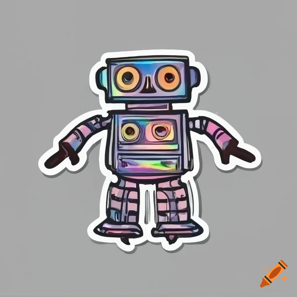 Toy robot, sticker, cute, holographic, outsider art style, contour