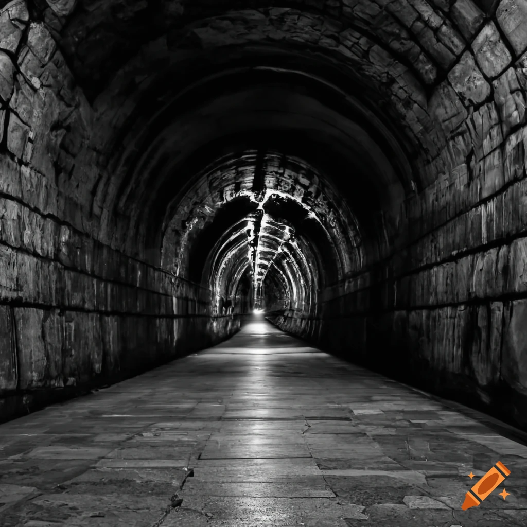 A black and white underground tunnel