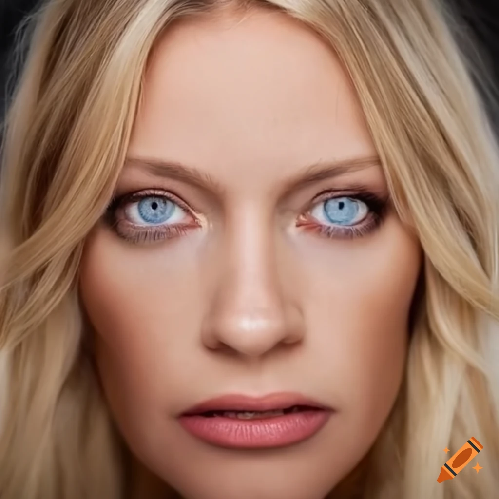 Blonde frau mit bob blaue augen, leichte nasolabial falten, dunkle ...