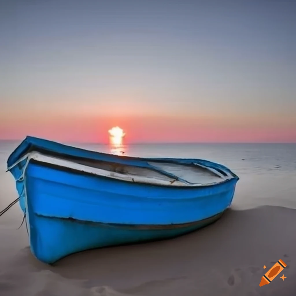 A quiet blue boat on the beach on Craiyon