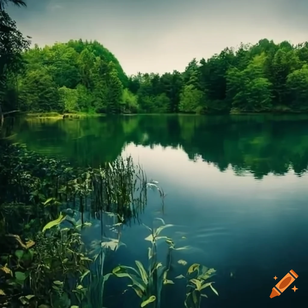 A tranquil lake surrounded by lush greenery on Craiyon