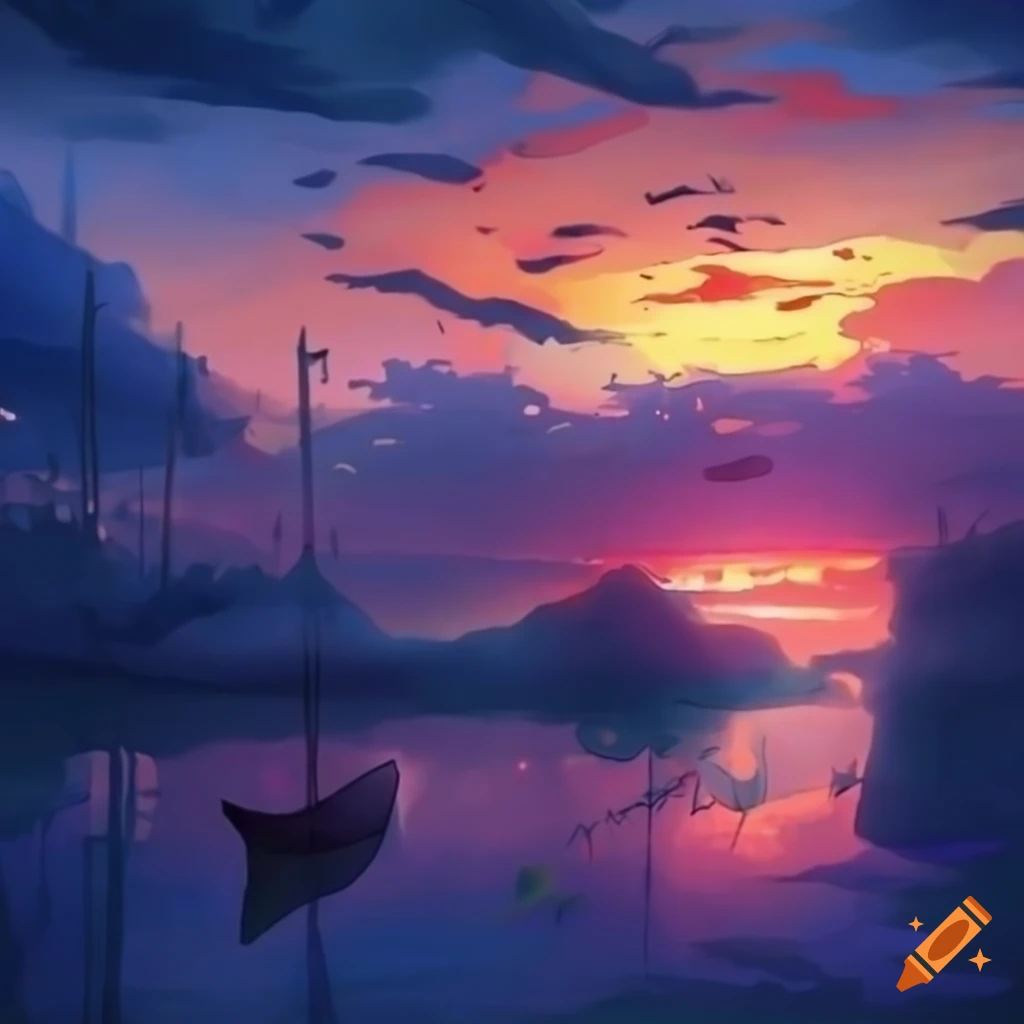 A sunset Anime intro with an adult guy and an adult woman who are both  facing the sunset. The guy has a lean build and tousled black hair. T... -  AI Generated
