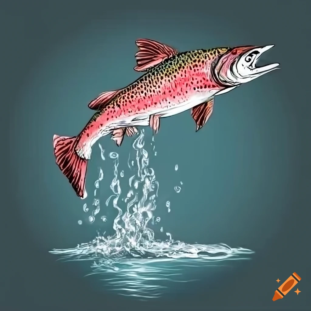 Line drawing of salmon jumping out of water white background on