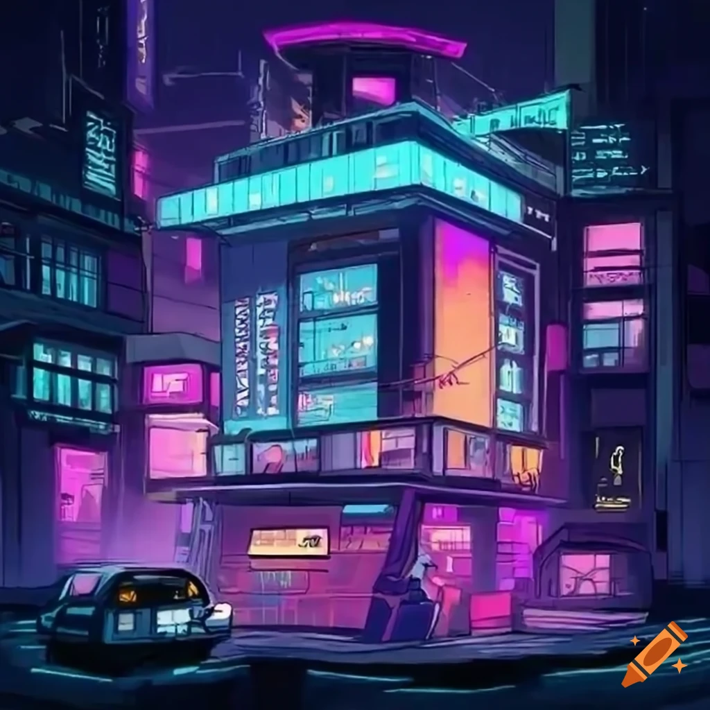 cyberpunk building 2d anime
