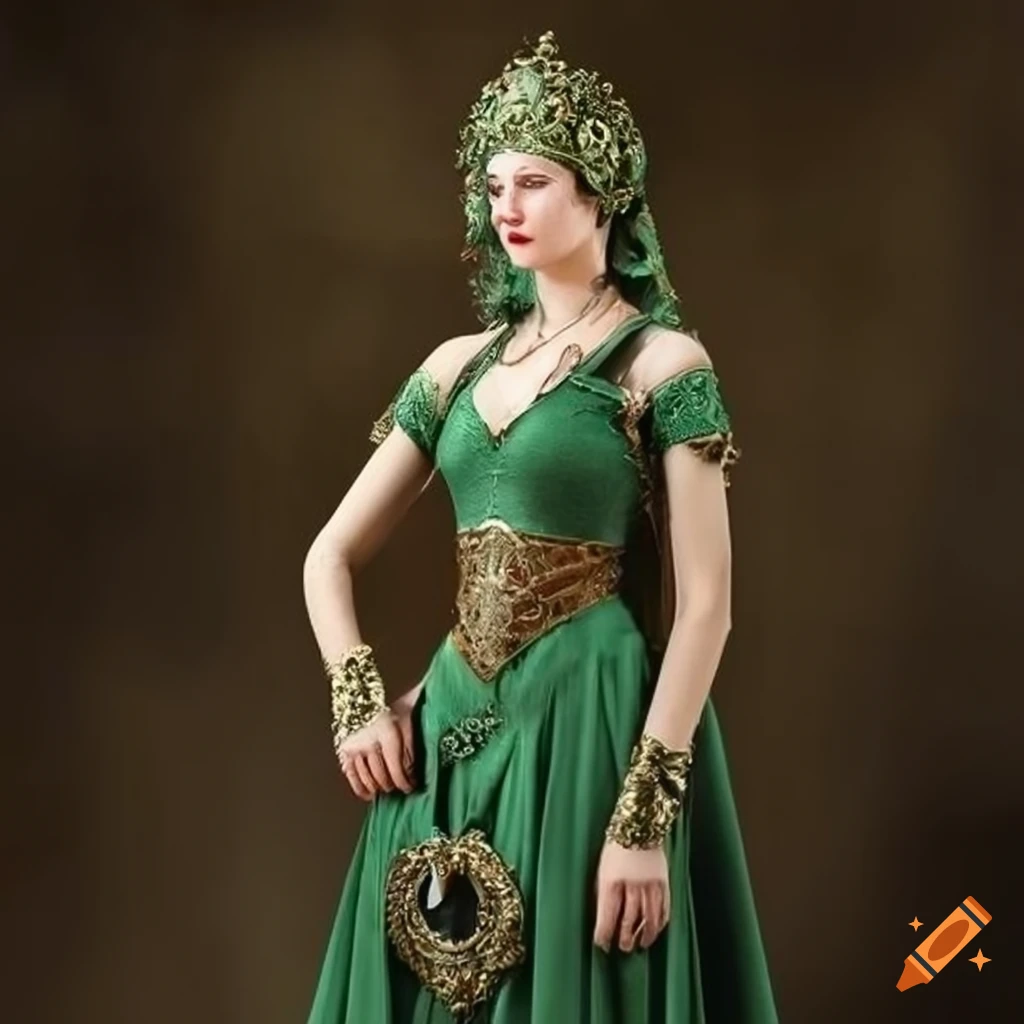 Premium Photo | A woman with a green dress and gold jewelry on her head