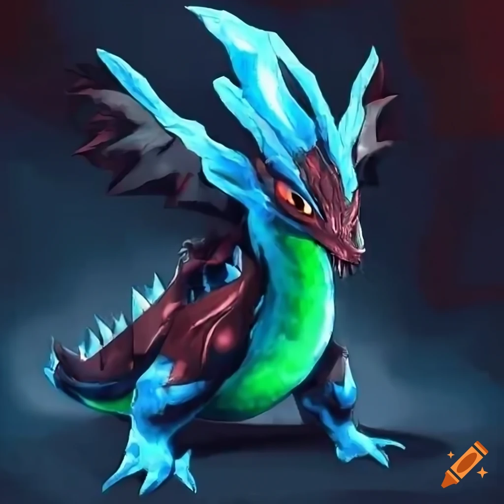 Create a dragon type pokemon with colors red green blue black and red dragon-ice  20 meters