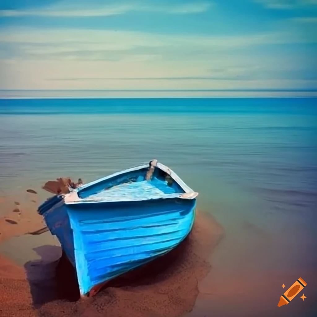 A quiet blue boat on the beach on Craiyon