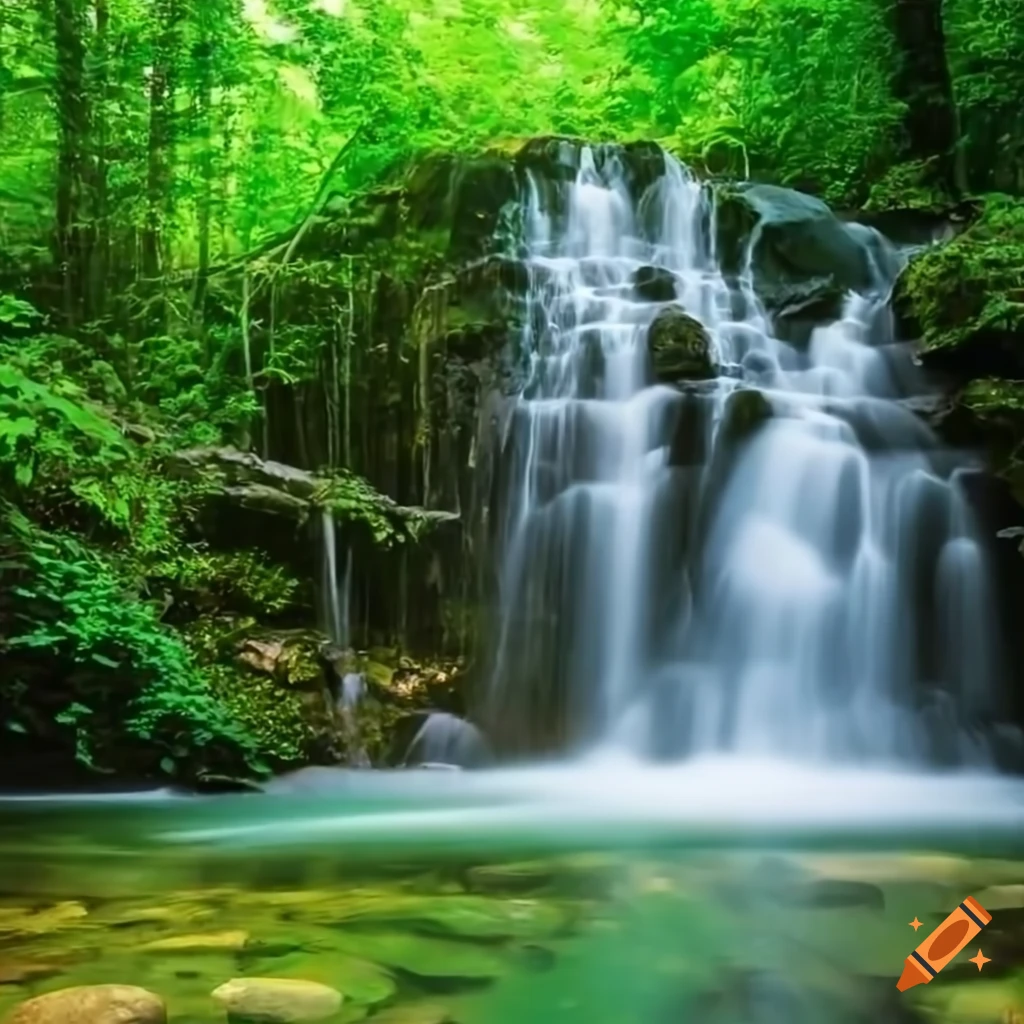 A serene waterfall surrounded by lush greenery in a forest banner on ...
