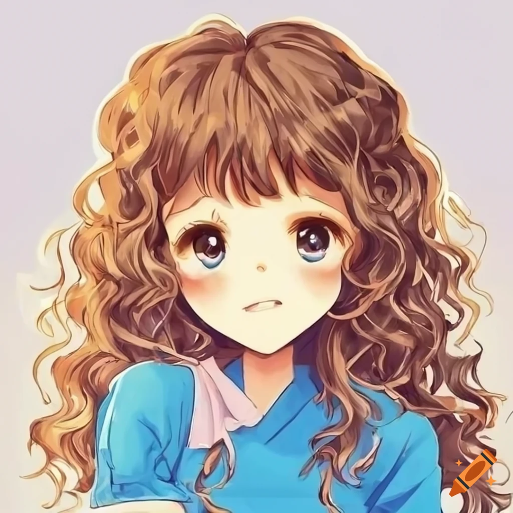 A cute anime girl with curly brown hair and blue clothing and brown eyes  kawaii drawing