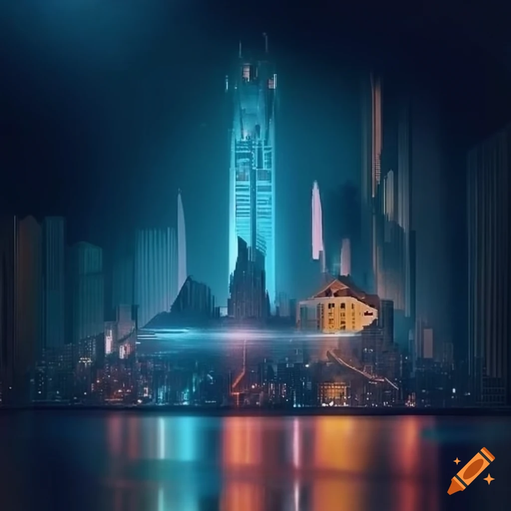 In the top half of the image is a futuristic utopian city skyline at