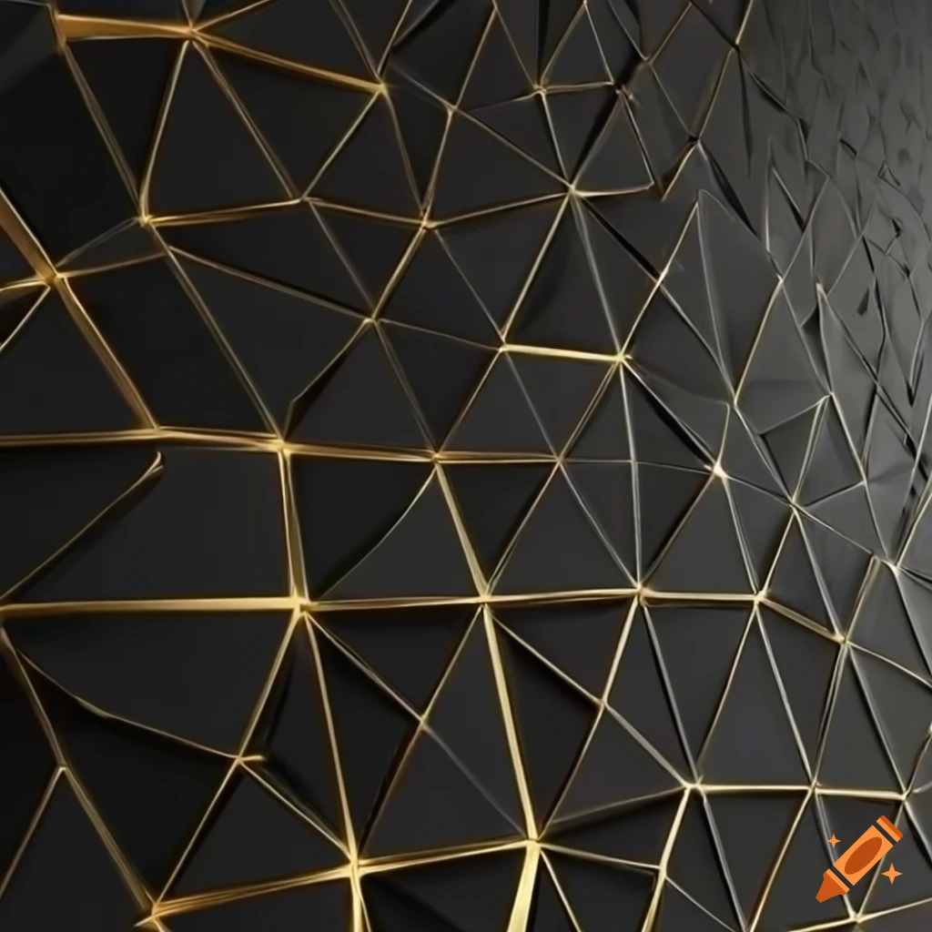 Rendered 3d wall panels from triangles black and gold on Craiyon