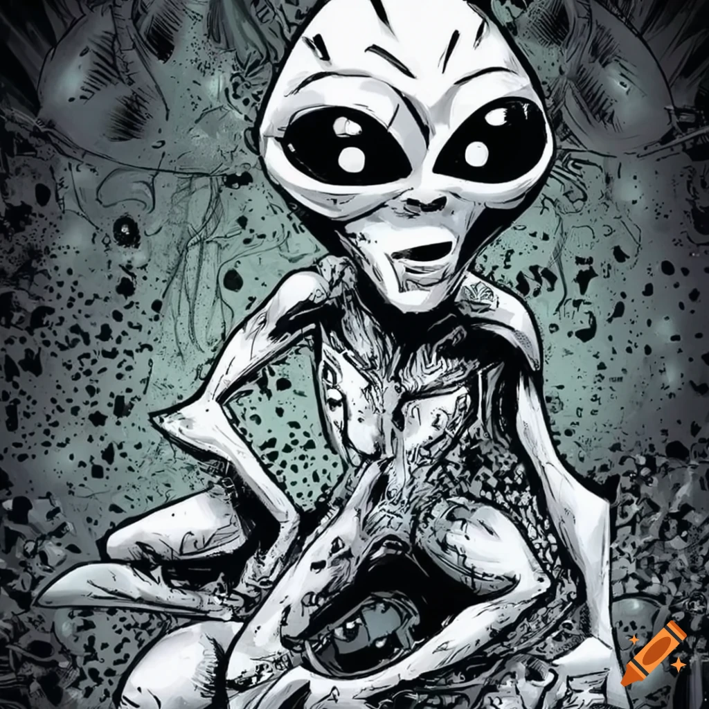 comic-style black and white ink characters of friendly aliens with big eyes