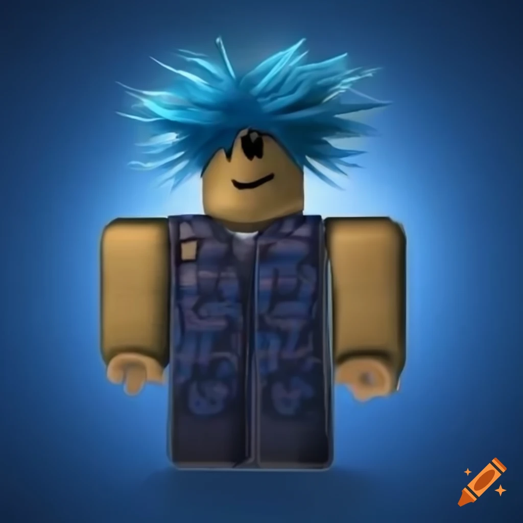 roblox character with blue spiky hair and kerbt shirt
