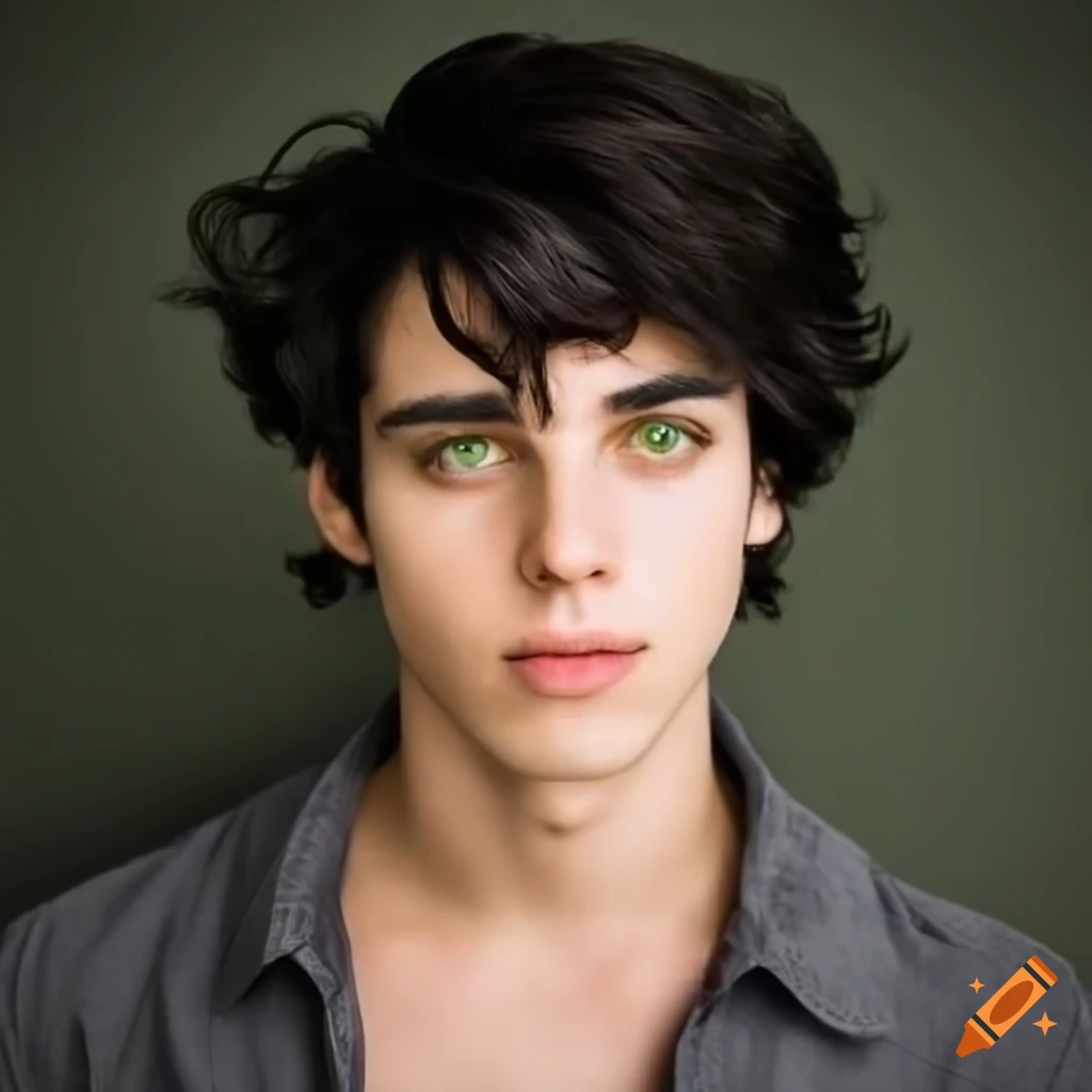 Young man with shoulder length wavy black hair and green eyes