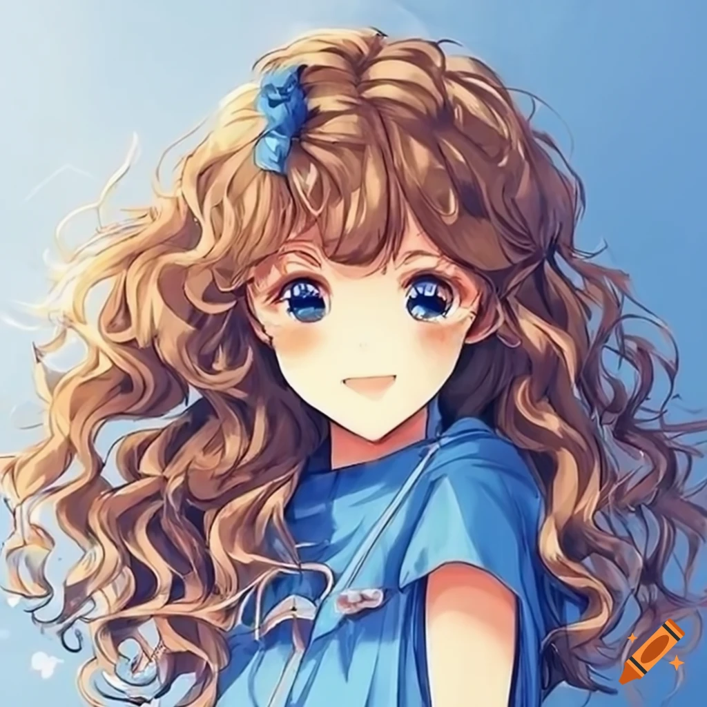 Anime girl, curly brown hair, blue themed clothes, cute, kawaii, clean  lines in drawing, deep brown eyes, anime