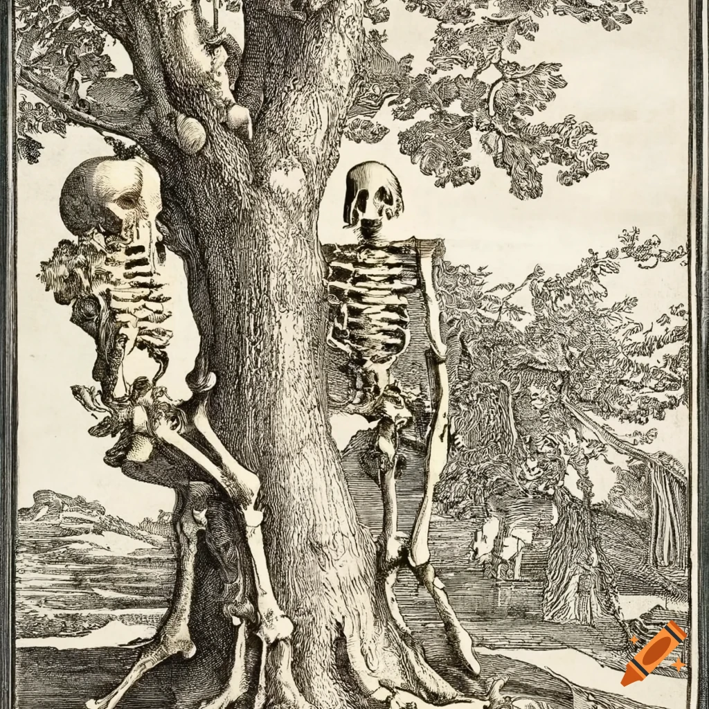 Tree filled with skeletons, engraving by durer on Craiyon