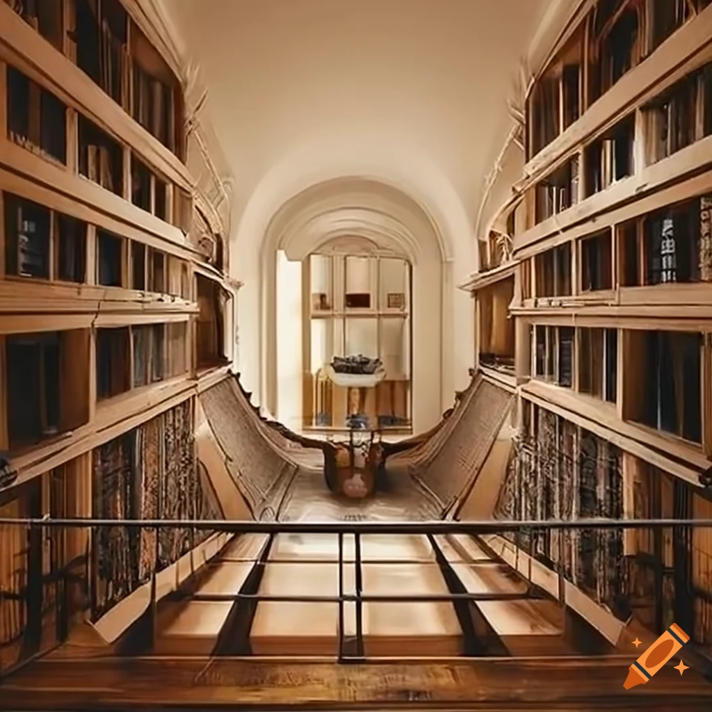 A home library in neutral colors that looks realistic and has several