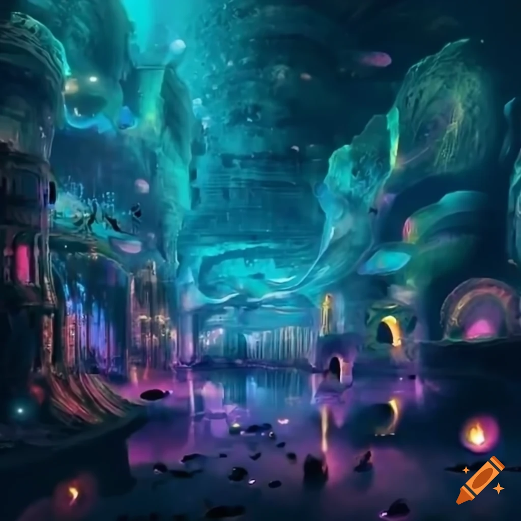 "Generate an image of a futuristic underwater city glowing with neon ...