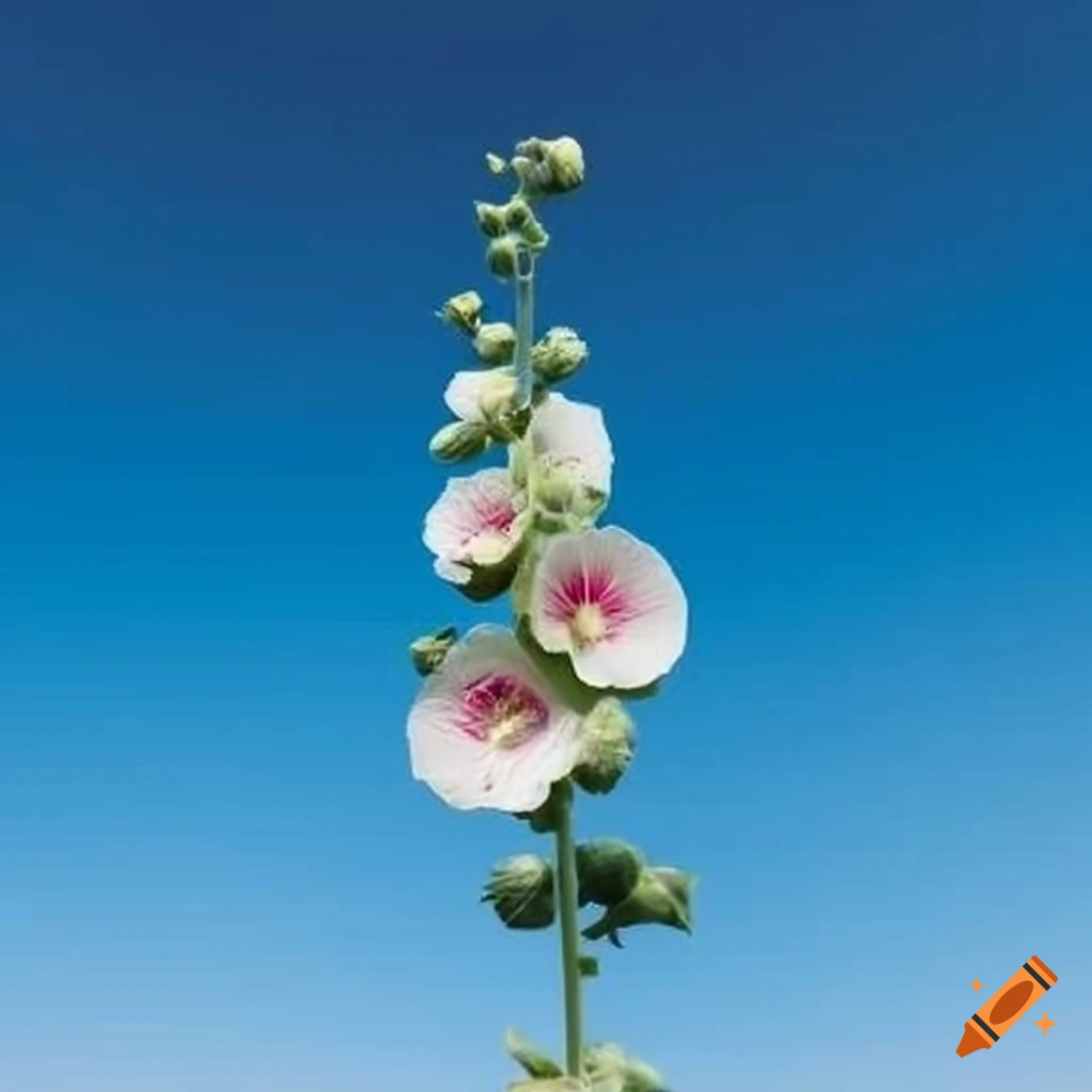 single hollyhock reaching for the blue sky