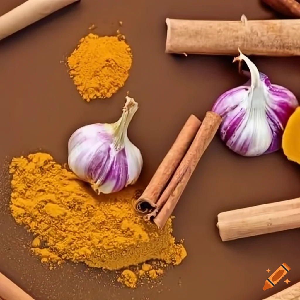 Blend of garlic cloves, turmeric powder, and cinnamon sticks forming a