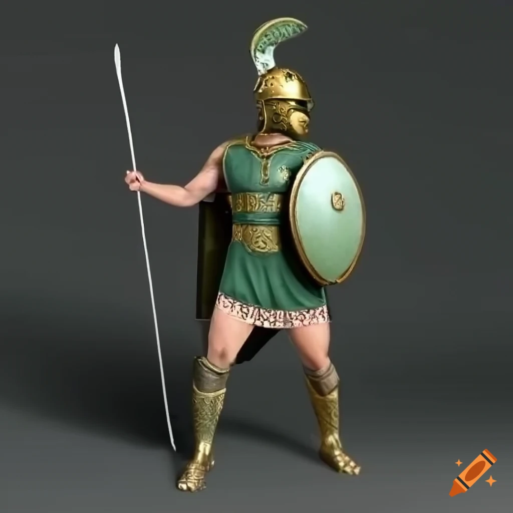 Greek hoplite. green tunic, green helmet crest, green cloak, shining ...