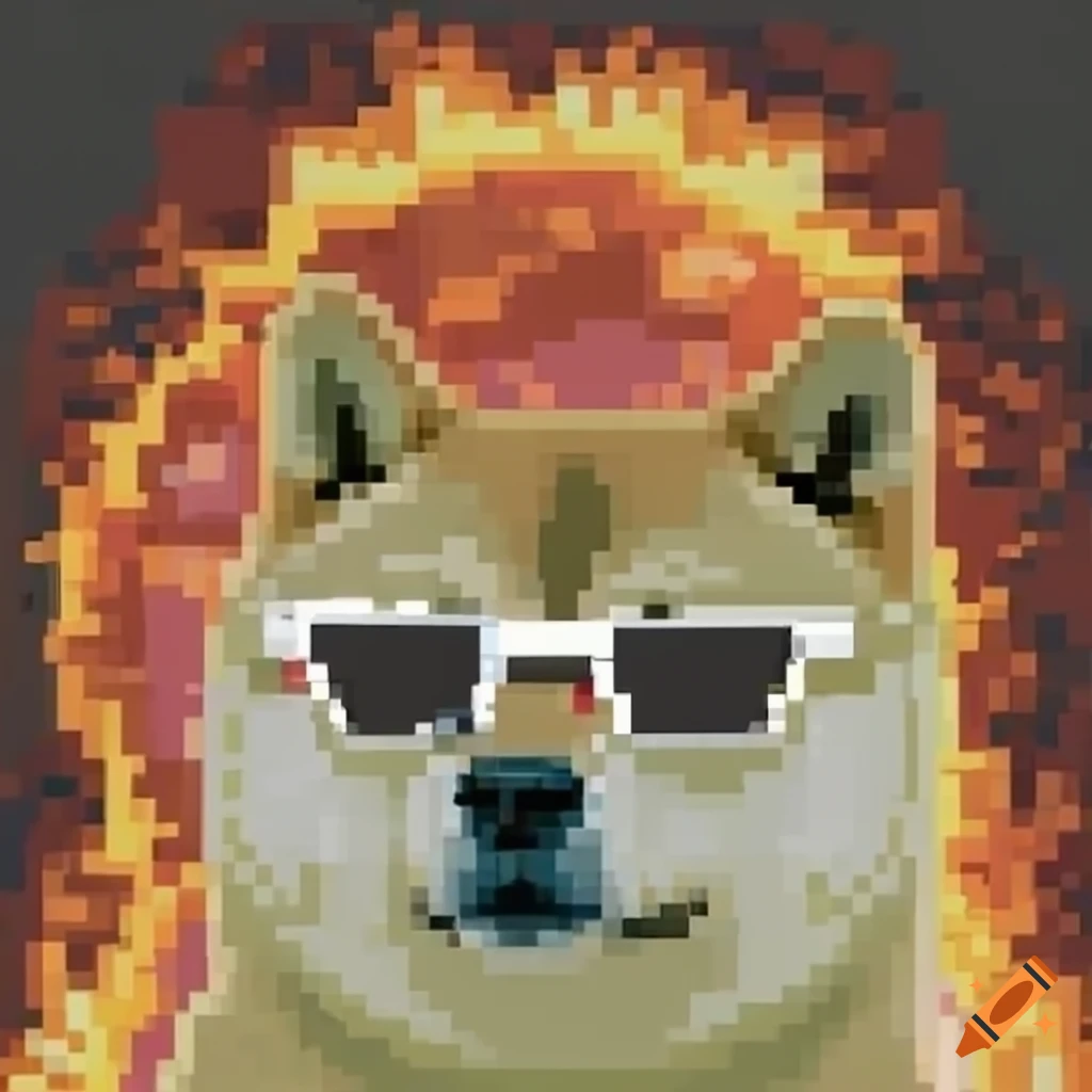 Doge looking away from explosion in the background wearing pixel sunglasses  on Craiyon