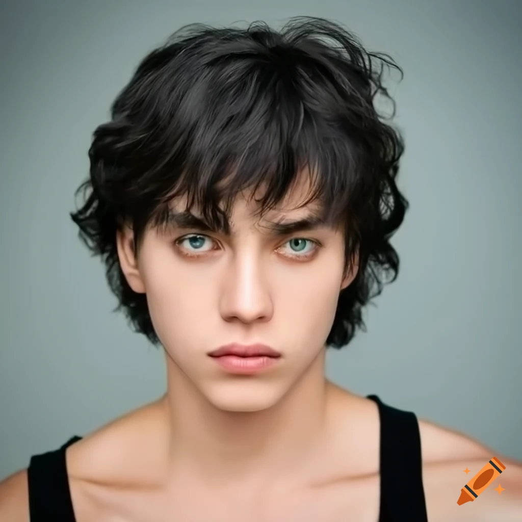 Young man with shoulder length wavy black hair and green eyes on Craiyon