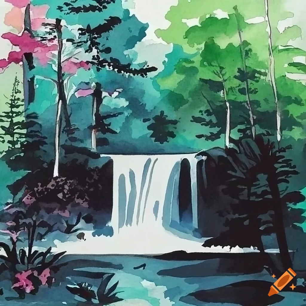 Watercolor ink art, black and pink colors, a waterfall surrounded by trees,  beautiful lake on Craiyon