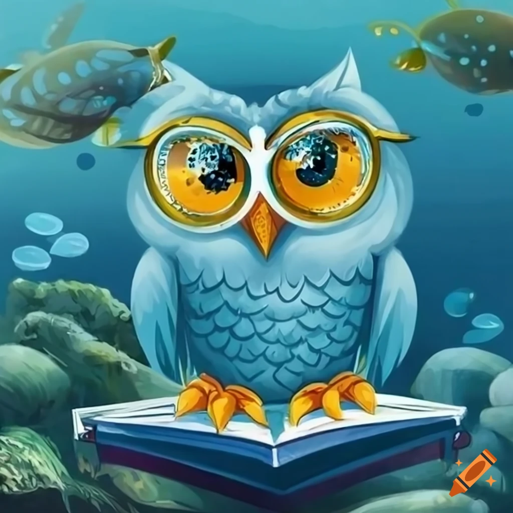 Cartoon owl submerged underwater, reading a book with goggles