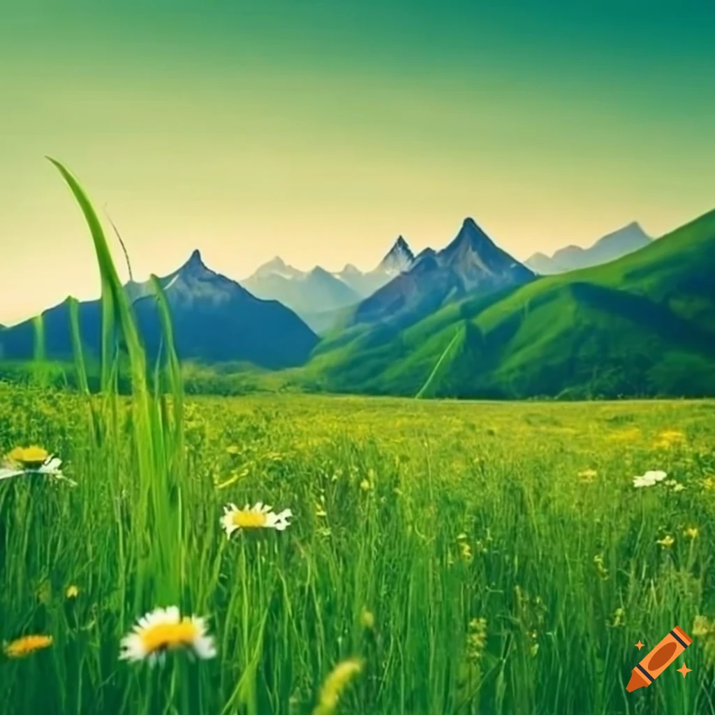 Meadow, green grass, flowers, mountains in background