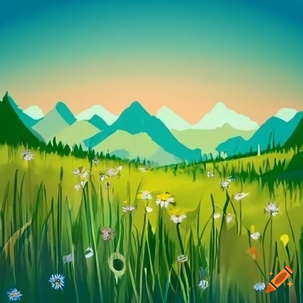 Meadow, green grass, flowers, mountains in background on Craiyon