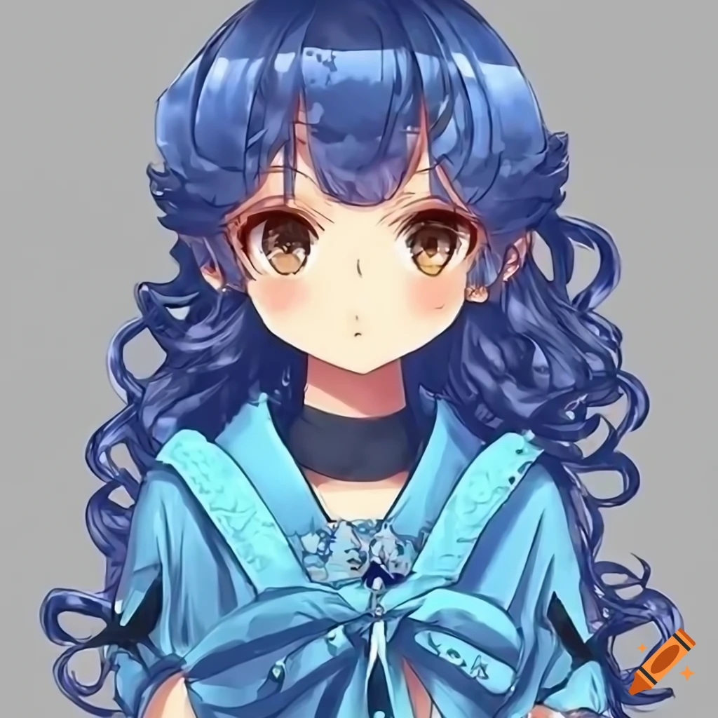 Anime Girl Cute Kawaii Blue Themed Clothing Curly Hair Brown Eyes