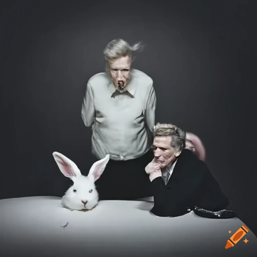 David lynch having a tea party with giant white rabbits on Craiyon