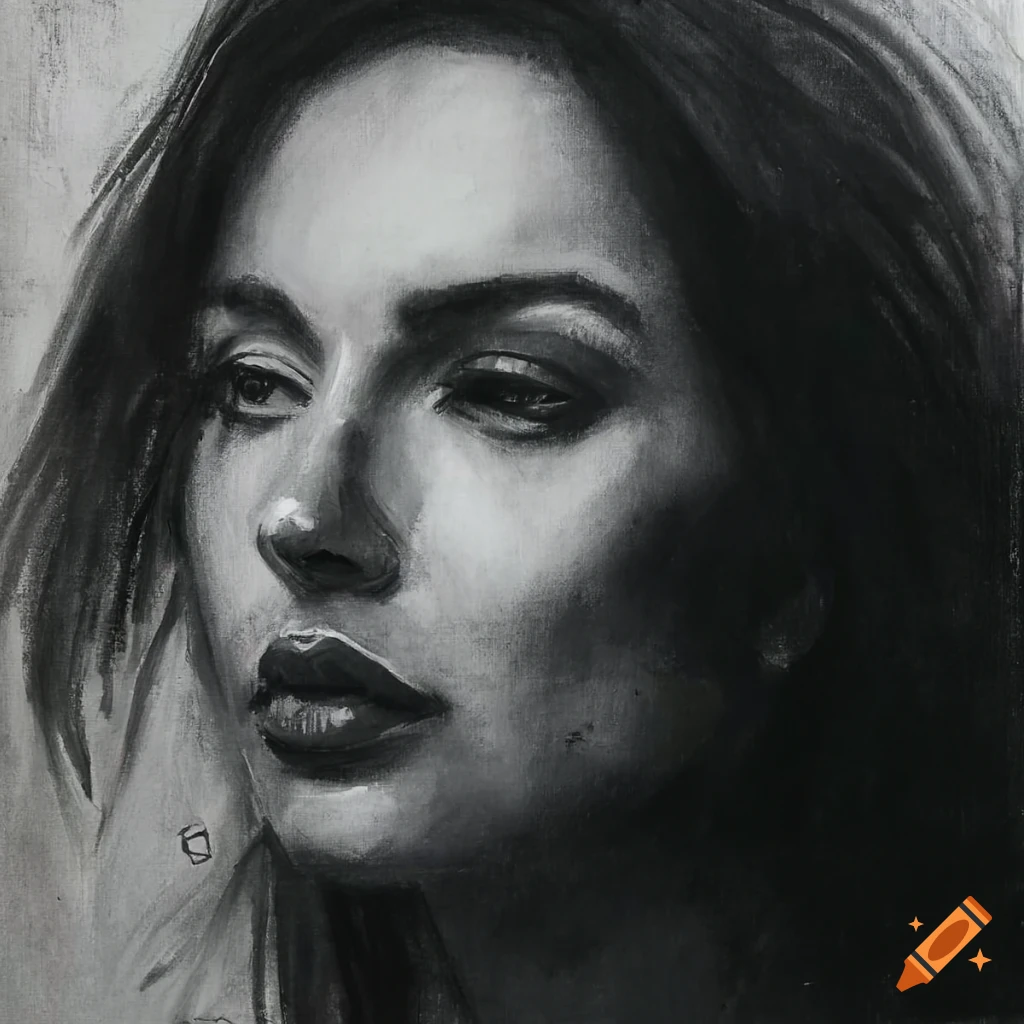 Charcoal portrait of a serious woman resembling "sara chafak" on Craiyon