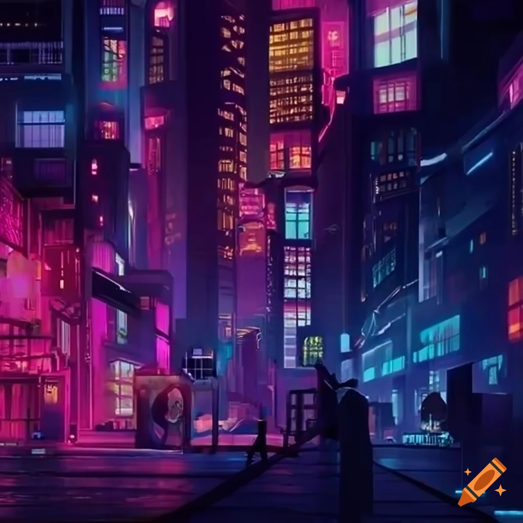 Create a stunning cinematic big anime wallpaper featuring a mesmerizing futuristic cityscape with towering skyscrapers, vibrant neon lights illuminating the bustling streets below, and an awe-inspiring anime protagonist standing confidently at the