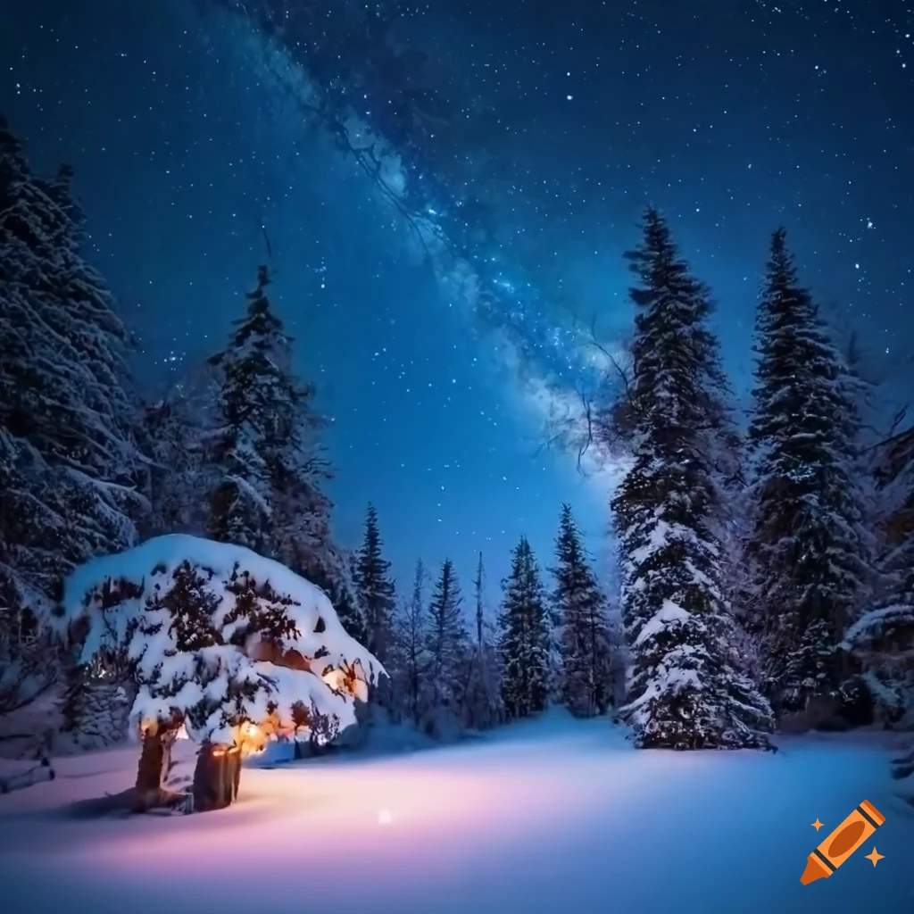 Woods covered in thick untouched snow with milky way above and lamps ...