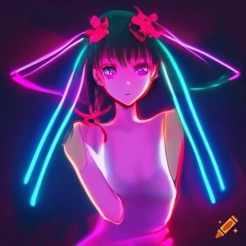 Y2k aesthetic fashion waifu with black hair in neon neo tokyo baby blue