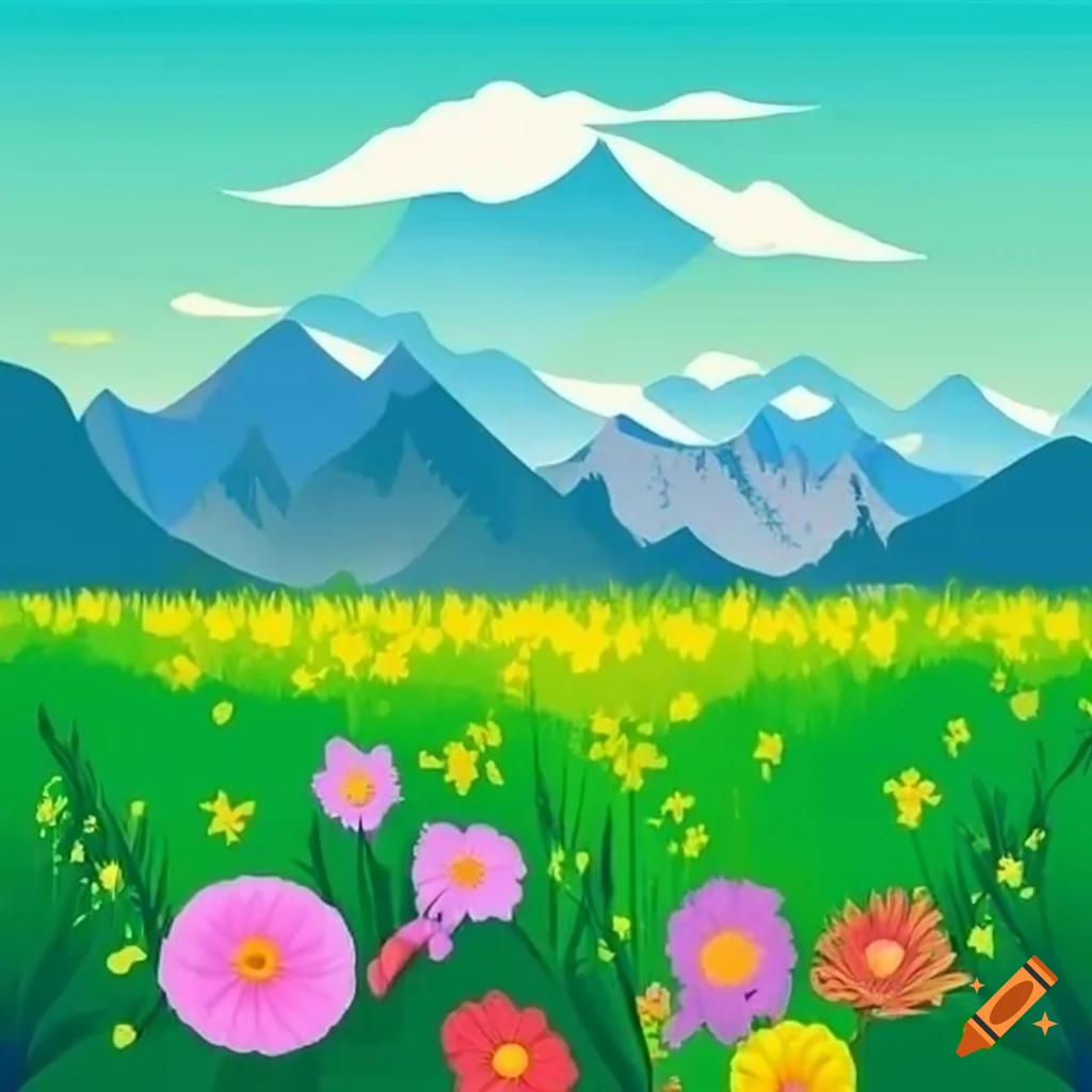 Vibrant flowers in a lush meadow, with majestic mountains in the distance