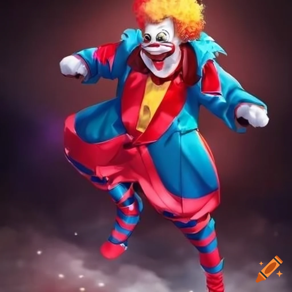 Anime, 2-d graphic, tall, male, full-body, circus clown in clown suit ...