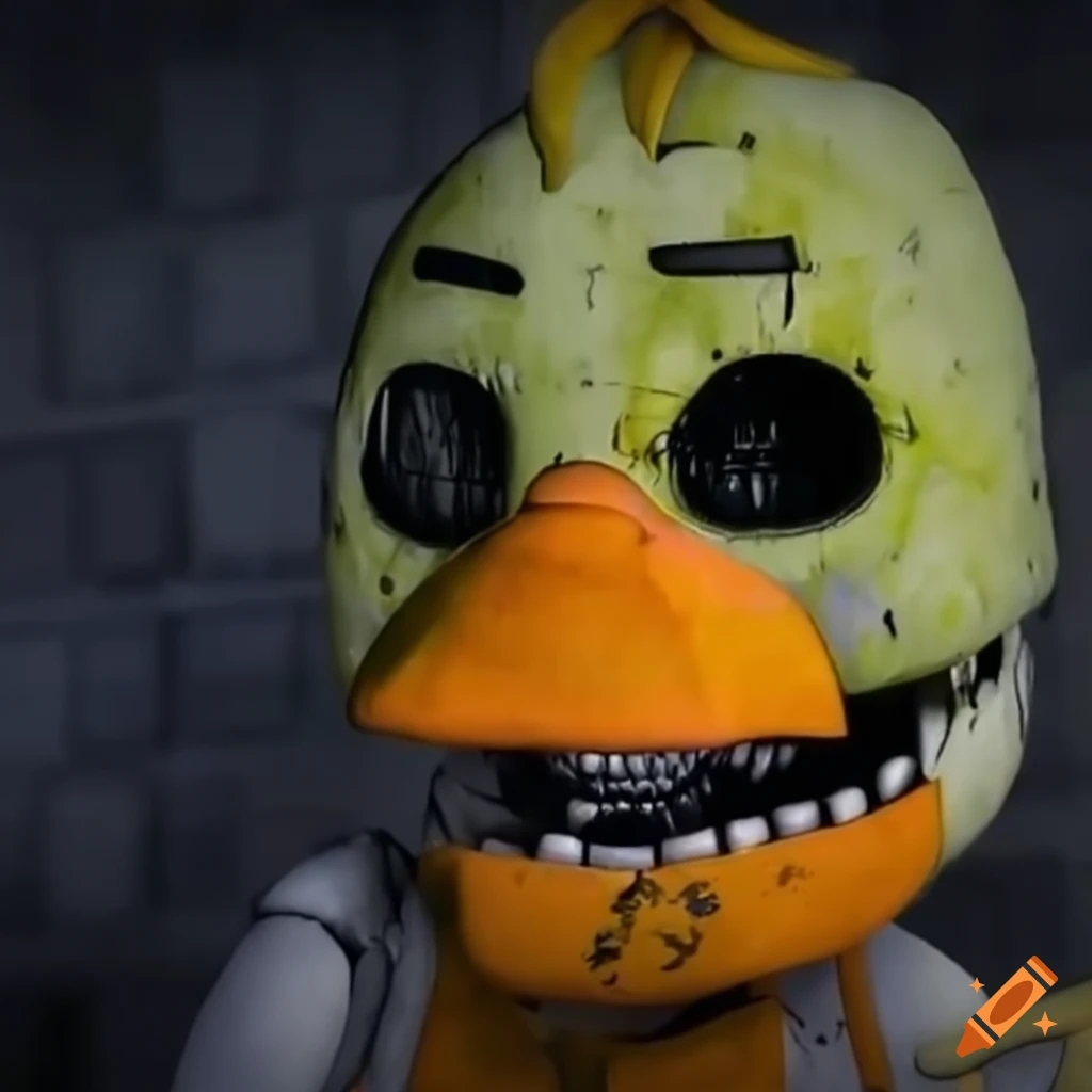 Shattered chica from fnaf looking for a new beak to wear but finds a mask  of her self