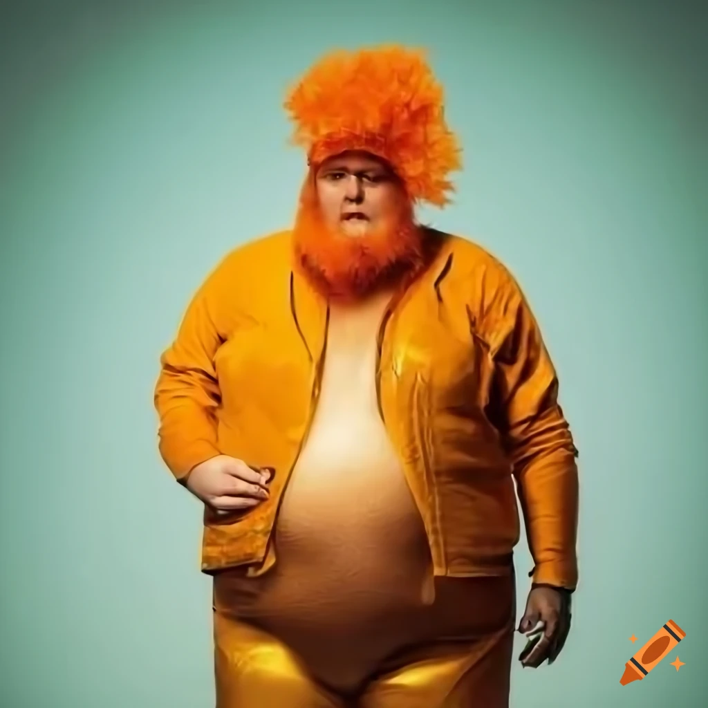 Fat obese man worker in steel mill red bearded orange hair in golden ...