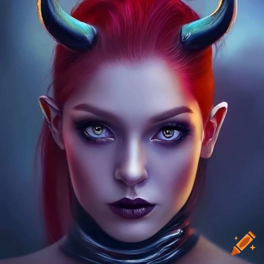 Perfect Ultra-PhotoRealistic 4K GLAMOUR Close-up Ultra-PhotoRealistic Colour Drawing of Cute soft adorable banshee succubus girl woman crimson-red-hair black-horns. Perfect Ultra-PhotoRealistic Immersive depth-of-field. Perfect Ultra-PhotoRealistic Details. Perfect PhotoRealistic anatomy. Perfect PhotoRealistic Immodest indecent clothing. Perfect PhotoRealistic eyes. Perfect PhotoRealistic hands. Perfect PhotoRealistic natural body. Perfect PhotoRealistic fingers. Flat chested. One month