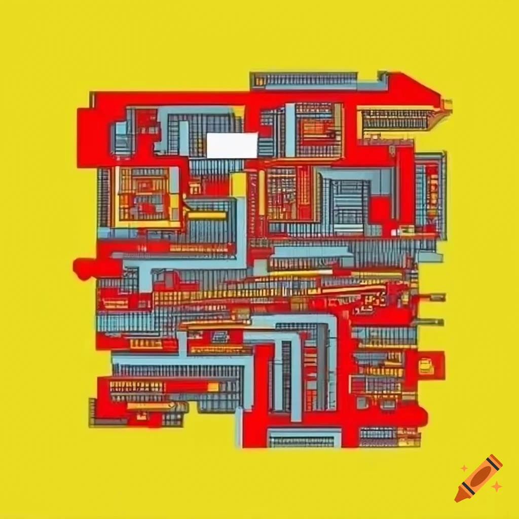Cyberpunk city top down map layout red yellow